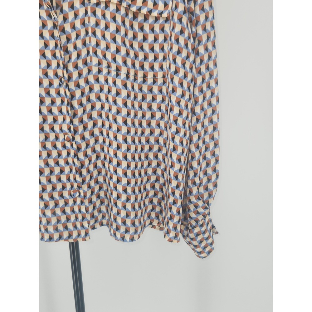 Worthington Womens XL Geometric Triangle Print Button Down Blouse Blue Tan Black - Picture 3 of 7